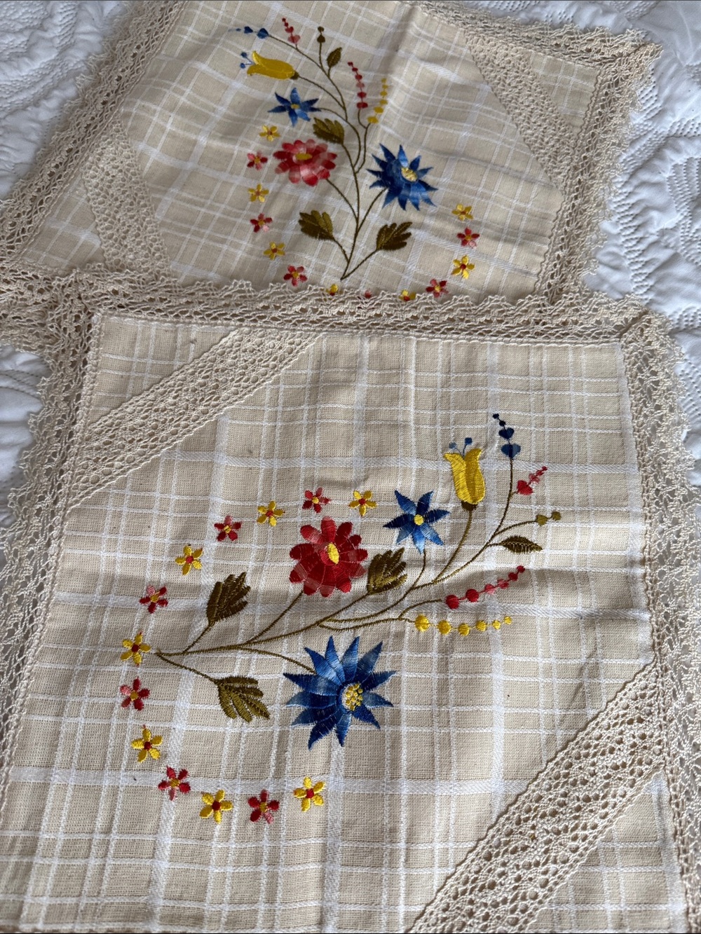 Embroidered Floral Lace Vintage-Style Doily in Cream, Blue, Yellow & Red 3 cover